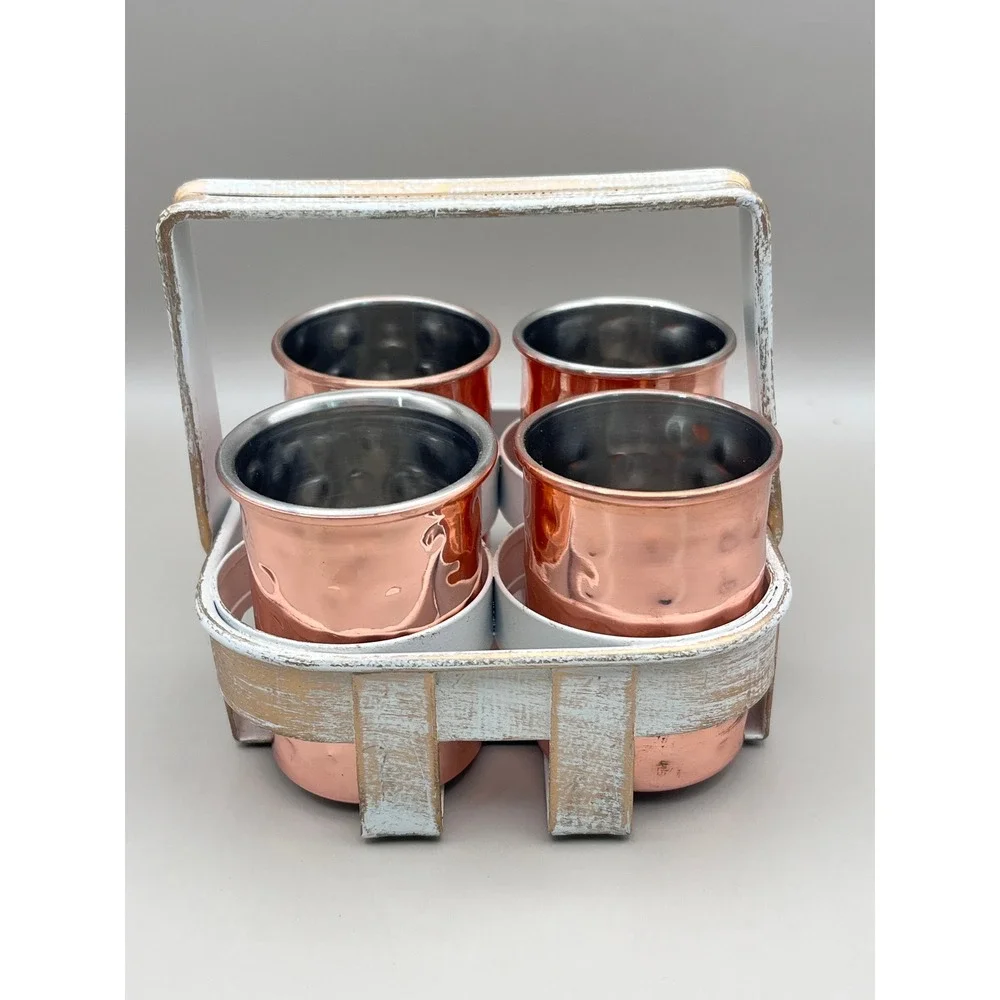 Hammered Copper Shot Glass Set‎ of 4 with Distressed White Metal Caddy Barware